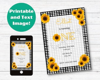 Sunflower invitation, sunflower first birthday, sunflower 1st birthday invitation, girl birthday party decor, birthday party text invitation