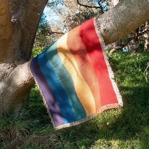 May include: A rainbow striped woven throw blanket with fringe hanging from a tree branch.