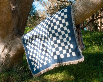 Freelufts Blue Checkered 60"x80" Woven Blanket - Use it as a Picnic Blanket, Throw Blanket, or Wall Tapestry