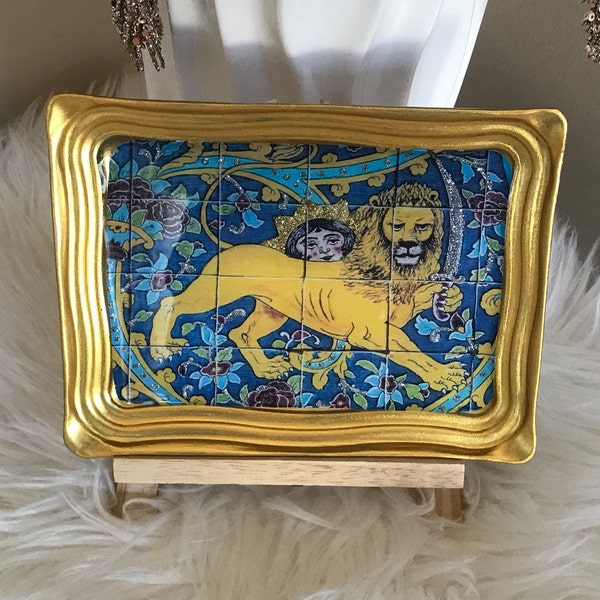 Persian Handmade Wall Mounted Shir o khorshid Decoupaged Brass Tray, Covered With Resin. Great for Norouz,Nowruz Haftseen Haftsin