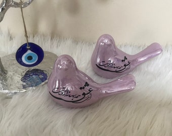 Persian Handmade Farsi Calligraphy Set Of 2 Ceramic Bird, Great For Norouz Haftseen Haftsin Nowruz Valentine Mother’s Day