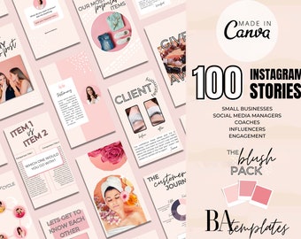 Puede incluir: Un paquete de plantillas de diseño gráfico rosa y blanco para historias de Instagram. El paquete incluye 100 plantillas para pequeñas empresas, administradores de redes sociales, entrenadores, influencers y compromiso. El texto "Made in Canva" y "The Blush Pack" aparece en el diseño.