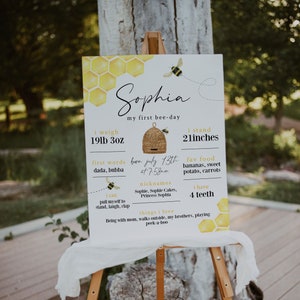 Bee Milestone Chart template, 1st bee-day, baby milestone poster, bee themed 1st birthday milestone chart editable
