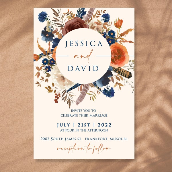 Indigo and Rust wedding invite, terracotta floral, desert floral, rust and blue wedding, blue and orange wedding invite