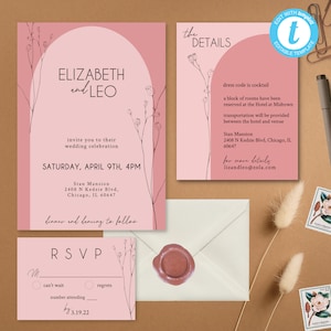 Pink Arch Wedding Set Template, Pink Arch wedding invitation, light pink invitation template, diy pink arch wedding invite