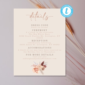 Blush Jungle Details Karte, Hochzeit Details, Boho Detail Karte, Blush Hochzeit Detail Karte, Blush und Beige Hochzeit Detail Karte