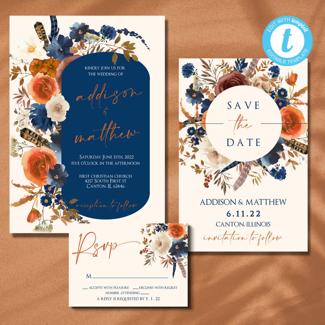 Indigo and Rust Wedding Set terracotta invitation set image 1