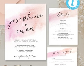 May include: A wedding invitation suite with a watercolor background in shades of pink and peach. The invitation features the couple's names, "Josephine + Owen", and details about the wedding ceremony and reception. The RSVP card includes a space for the guest's name, a checkbox to accept or decline the invitation, and a space to indicate the number of guests attending.