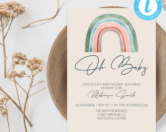 Oh Baby Shower template, rainbow baby shower, rainbow baby theme, baby shower invitation, rainbow theme invitation, rainbow boho shower