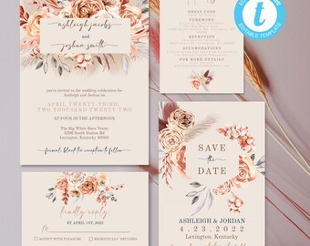 May include: A wedding invitation suite with a boho theme. The invitation features a floral design with dried grasses and a peach and terracotta color scheme. The text reads "Ashleigh Jacobs and Joshua Smith" and "April Twenty-Third, Two Thousand Twenty Two".