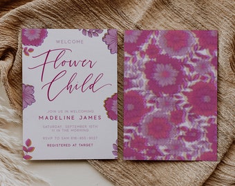 Flower Child Baby Shower invitation template, pink floral invitation, boho baby shower invitation, birthday pink flowers invitation