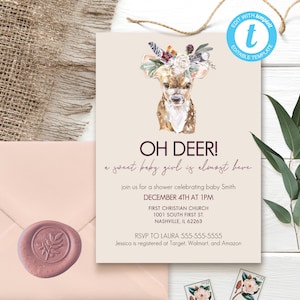 Oh Deer Girl Baby-Dusche-Vorlage, Hirsch Herbst Winter Baby-Dusche, Hirsch Baby Thema, Baby-Dusche-Einladung, Wald Thema Einladung