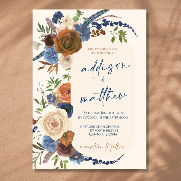 Indigo, Dusty Blue, and Rust wedding invite, terracotta floral, desert floral, rust and blue wedding, blue and orange wedding invite