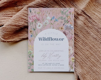 Plantilla de invitación para baby shower con flores silvestres, diseño floral rosa (descarga digital)