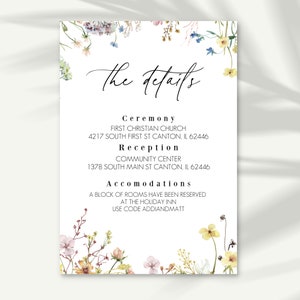 Wildflower details card template, wildflower invitation, boho floral invitation, first birthday flowers invitation
