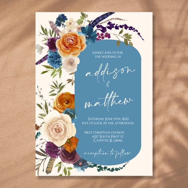 Purple, Dusty Blue, and Rust wedding invite, terracotta floral, desert floral, rust purple and blue wedding, blue and orange wedding invite