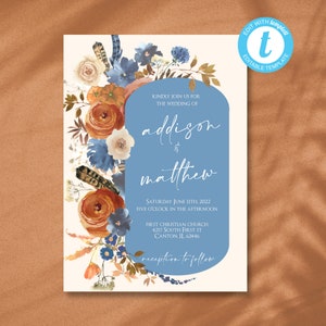 Dusty blue and Rust wedding invitation, terracotta invite, orange and blue floral wedding, blue and orange wedding invitation