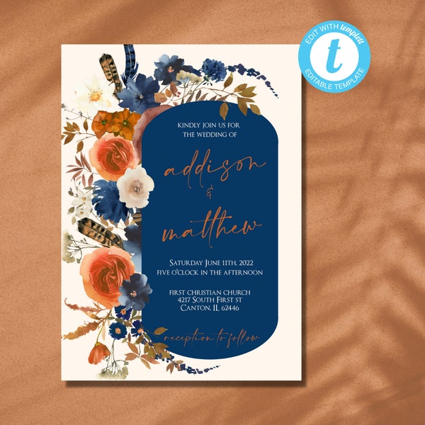 Indigo and Rust Wedding Invitation, terracotta wedding invitation, wedding invitation, blue and orange invitation