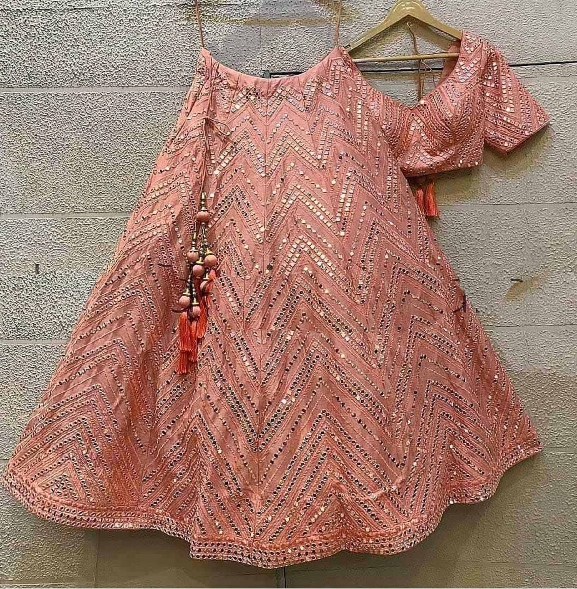 peach mirror work lehenga