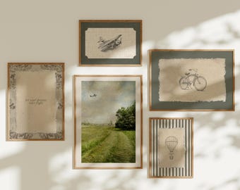 Art mural vintage garçon volant | Décoration de chambre d'enfant imprimable | Avion, montgolfière, vélo et citation inspirante | Téléchargement numérique