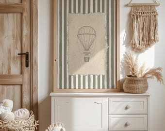 impression vintage de chambre d'enfant en montgolfière - téléchargement numérique | Art mural bébé tons terreux | Décoration de chambre à rayures | Poster imprimable pour chambre d'enfant