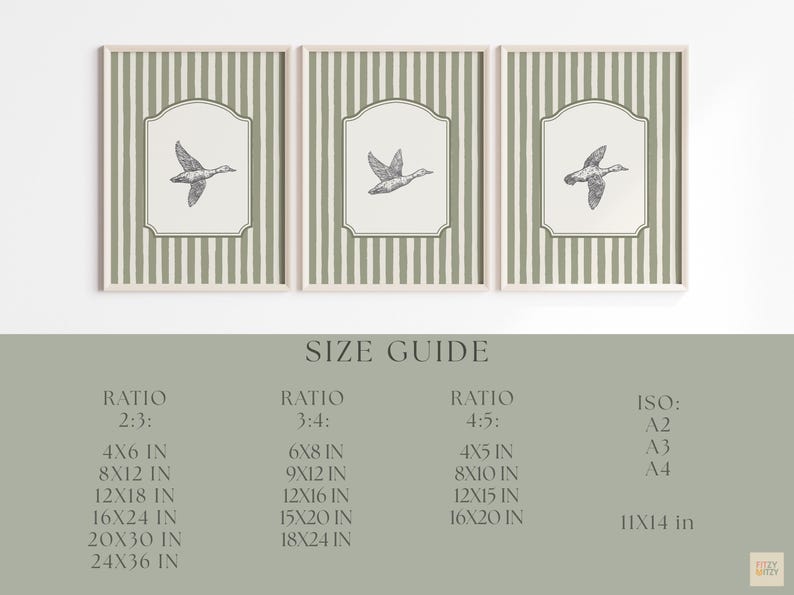 Peut inclure: Ensemble de trois impressions encadr&eacute;es avec une illustration de canard volant, sur un fond &agrave; rayures vertes et blanches. Les impressions sont affich&eacute;es avec un guide des tailles.