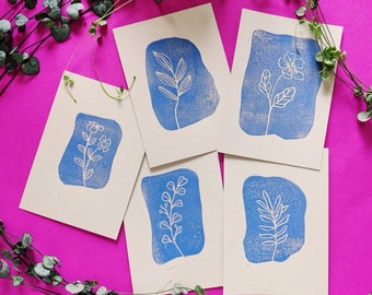 Linocut Print Flower Botanical Floral Postcard Set