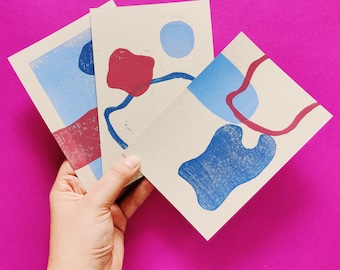 Multi-Color Linocut Print Abstract Postcard Set