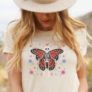 Dia de los Muertos Shirt, Day of the Dead Shirt, Mariposa Mexican Halloween T-shirt, Monarch Butterfly Skeleton, Hispanic Fiesta Skull