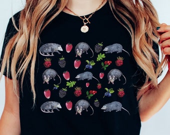Possum Gift, Strawberry Shirt, Cottage Core Clothing T-Shirt, Opossum, Kawaii Possum, Opossum Gifts, Possum Print Shirt Tee Strawberries