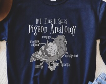 May include: Navy blue sweatshirt with a graphic of a pigeon labeled with the words "Camera", "Wireless Antenna", "Battery", "Microphone", and "Speaker". The text "If It Flies It Spies Pigeon Anatomy" is above the pigeon illustration.