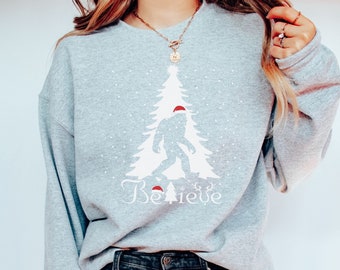 Bigfoot Sweatshirt Christmas, Sasquatch Shirt, Believe Christmas Tree Shirt, Funny Big Foot Shirt, Xmas Yeti Mens Shirt, Cool Shirt