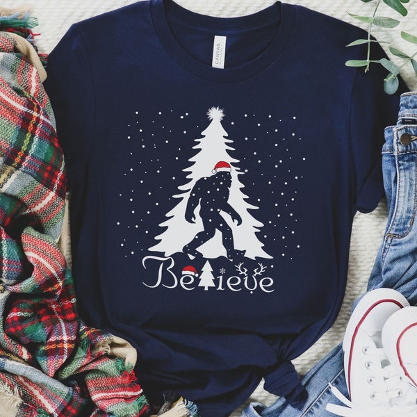 Bigfoot T-Shirt Christmas, Sasquatch Shirt, Believe Christmas Tree TShirt, Funny Big Foot Tee, Xmas Yeti Mens Shirt, Cool Shirt