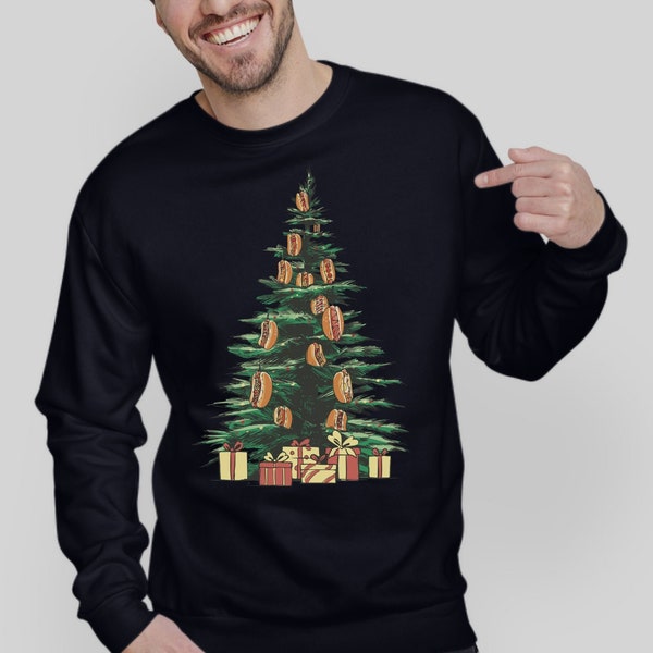 Hot Dog Christmas Tree Sweatshirt, Hot Dog Lover Graphic Sweater, Funny Food Shirts For Men Women Xmas Hotdog Tree Eating Contest Shirt Gift