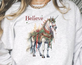 Unicorn Christmas Sweatshirt, Christmas Unicorn Believe Sweater, Believe Christmas Santa Shirt, Unicorn Collector, Unicorn Lover Gift Xmas