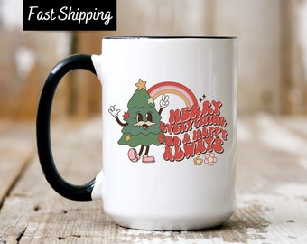 Merry Everything Happy Always Mug, Retro Christmas Coffee Mug, Vintage Christmas Mug, 70s 80s Groovy Pine Tree Mug, Mustache Holiday Tree
