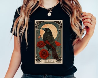 Raven, The Raven Tarot Shirt, Raven T-Shirt, Dark Academia, Dark Cottagecore Witchcraft, Raven Tarot Shirt, Edgar Allan Poe, The Raven Tarot