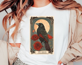 Raven, The Raven Tarot Shirt, Raven T-Shirt, Dark Academia, Dark Cottagecore Witchcraft, Raven Tarot Shirt, Edgar Allan Poe, The Raven Tarot