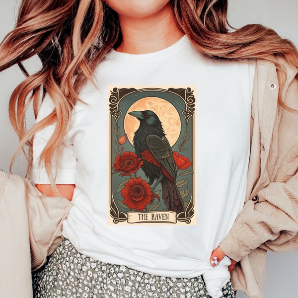 Raven, The Raven Tarot Shirt, Raven T-Shirt, Dark Academia, Dark Cottagecore Witchcraft, Raven Tarot Shirt, Edgar Allan Poe, The Raven Tarot