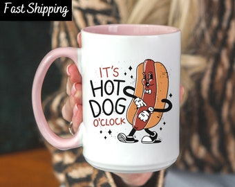 Hot Dog Mug, Hot Dog O'Clock, Hot Dog Lover Mug, Retro Vintage Hot Dog, Funny Food Mug For Kids Teens, Eating Contest Mug, Dancing Hot Dog