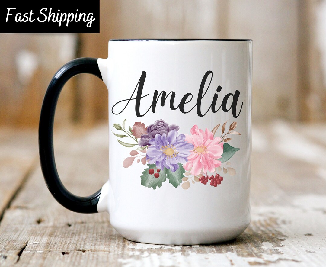 Personalized Coffee Mug, Name Coffee Cup Floral Design, Personalized