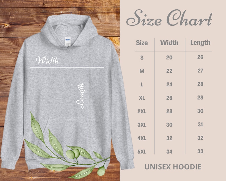 Op de afbeelding: Een lichtgrijze unisex hoodie met een maattabel. De tabel geeft de maten S tot en met 5XL weer, met bijbehorende breedte- en lengtematen in inches. De hoodie heeft een voorzak en een capuchon. De tekst "Size Chart" staat bovenaan.