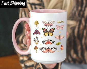 Cottagecore Mug, Moth Mushroom Butterfly Mug, Aesthetic Coffee Mug, Insect Mug, Cottage Core Mug, Goblincore Coffee Mug, Dark Academia Mug