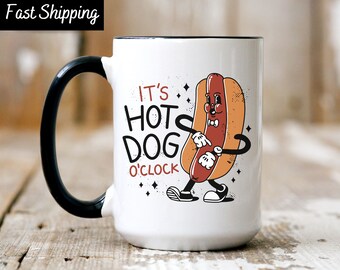 Hot Dog Mug, Hot Dog Lover Mug, Hot Dog O'Clock, Retro Vintage Hot Dog, Funny Food Mug For Kids Teens, Eating Contest Mug, Dancing Hot Dog,