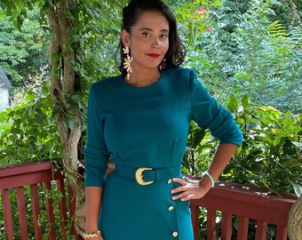 Pine/Forest Vintage Green Belted Midi Pencil 100% Wool Dress w/Side Gold Buttons & Belt / 80s 90s / Work Holiday Dress / Sz 4-6 Petite