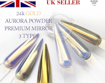24k GOLD Crystal Aurora Chrome Powder NAIL ART Dust Mirror Effect Metallic Gem