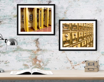 Photograph of Post Office boxes in bronze with a watercolor effect.
