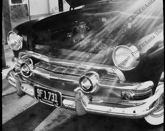 Ford 1950's front grill black & white photo classic car