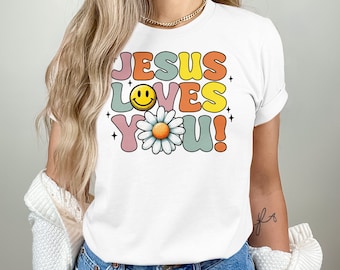 Bunter Jesus liebt dich! Smiley-Gesicht und Gänseblümchen-T-Shirt, inspirierendes christliches T-Shirt, glaubensbasiertes Kleid