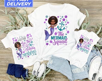 Camisetas a juego para cumpleaños de sirena, familia y amigos, mono de fiesta de sirena, camisetas de chica sirena afro, camiseta a juego del equipo de sirenas
